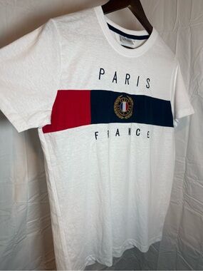 Paris France Crest Stripe Tee - White with Navy & Red